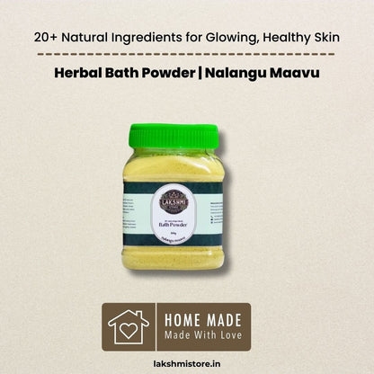 Nalangu Maavu Herbal Bath Powder from Lakshmi Store, showcased with headline 'Herbal Bath Powder: 20+ Natural Ingredients for Glowing, Healthy Skin.