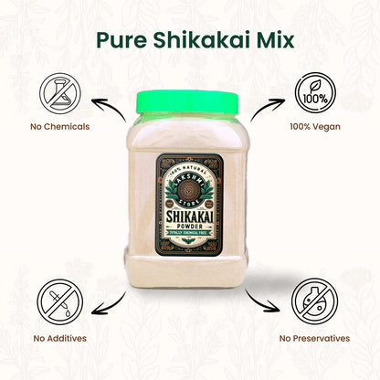 Visual showcasing the unique selling points of LakshmiStore Shikakai Mix, emphasizing no chemicals, vegan, and all-natural ingredients.